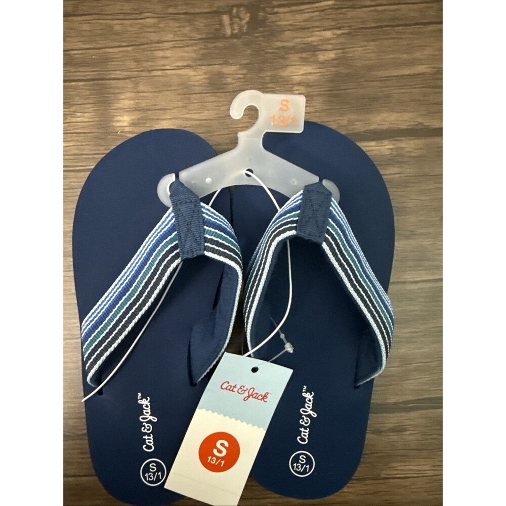 Cat & Jack Kids Size 13 Blue Striped Flip Flop Sandals Fabric Strap